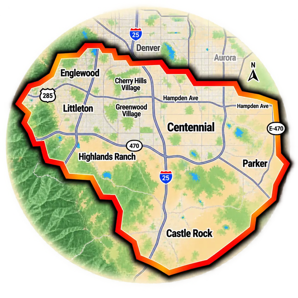 Meza Tile & Stone Denver metro service-area map covering Centennial, Englewood, Littleton, Highlands Ranch, Parker, and Castle Rock